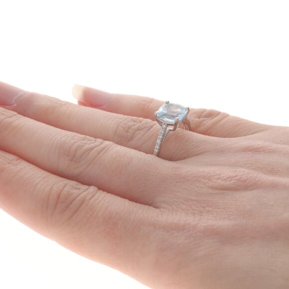 White Gold Aquamarine & Diamond Ring - 14k Cushion 1.43ctw Cathedral Engagement - Picture 4 of 6